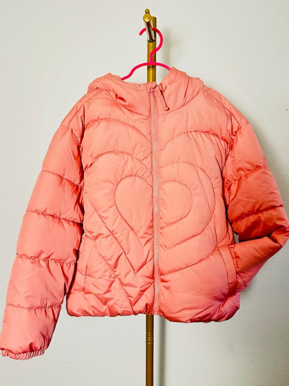 Girls Pink Puffer Jacket Heart Quilted Hooded Parka Size L 10-12 Plus